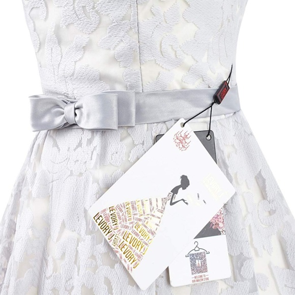 Gray Vintage Floral Lace Dress With Contrast Bow - Picture 4 of 7